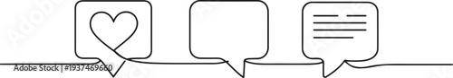 Single one line drawing notification icons of like, message and comment. Social media concept. one line Icon drawing
