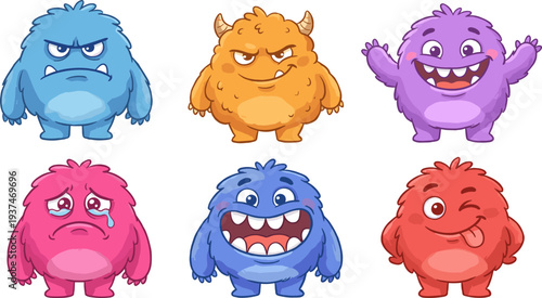 cute fluffy monster characters set, funny cartoon emotion creatures collection, vector illustration isolated white background kids design