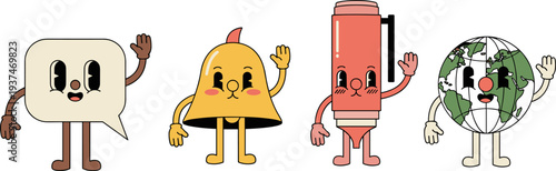 Cute mascot characters set with speech bubble, bell, thermos flask, globe, cartoon kawaii objects illustration, isolated vector bundle collection