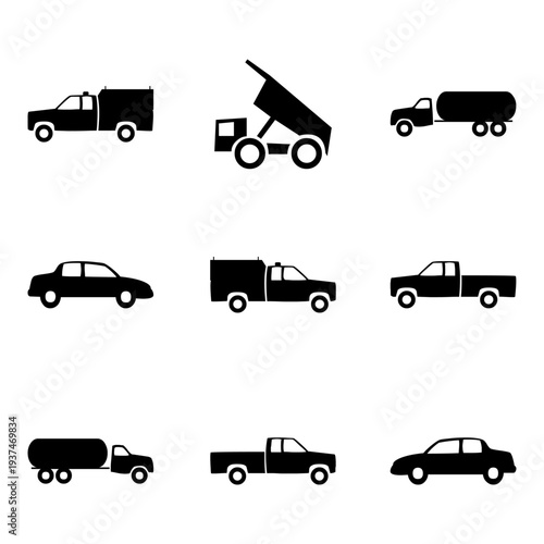 Vehicle Silhouette Set Truck Pickup Tanker Dump Truck Car Transport Icons Vector Illustration