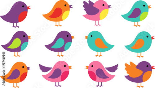 Cute colorful birds vector set, cartoon spring birds collection, flat design characters isolated, nursery clipart, kids illustration, nature animal icons