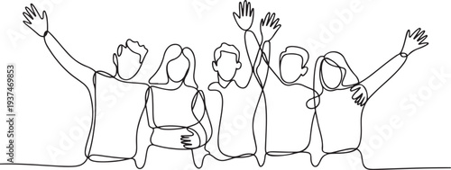 Continuous one line drawing of happy people group, welcoming and applauding concept. one line Icon drawing