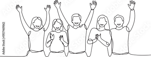 Continuous one line drawing of happy people group, welcoming and applauding concept. one line Icon drawing