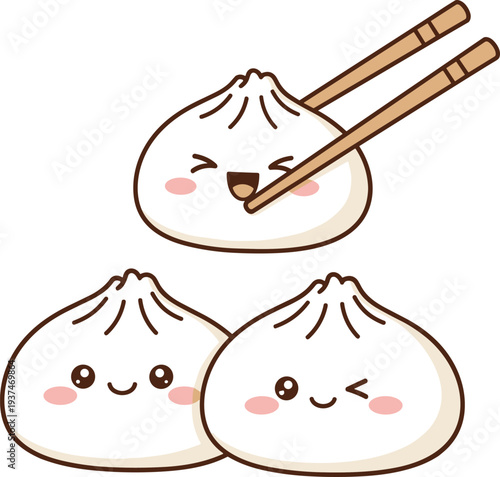 Cute dumpling cartoon characters, kawaii dim sum mascot vector illustration smiling bao food isolated adorable collection set