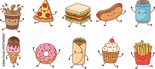 Cute fast food cartoon characters set, kawaii junk food collection isolated on white background illustration for kids menu design