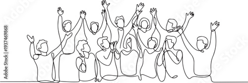 Continuous one line drawing of happy people group, welcoming and applauding concept. one line Icon drawing