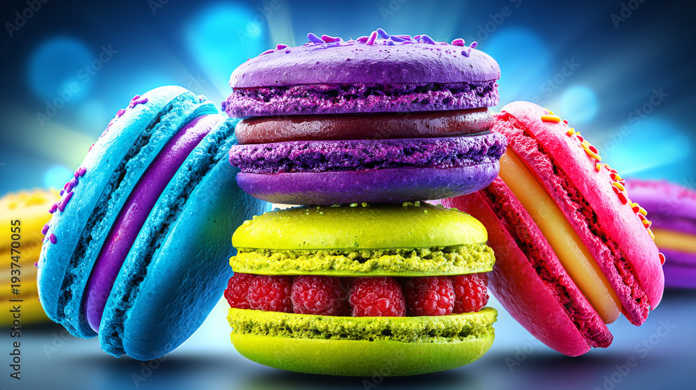custom made wallpaper toronto digitalVibrant Stacked Macarons with Berries on a Colorful Background