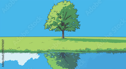 A tree grows on green grass with its reflection visible in the still water nearby. The sky is blue with a few clouds.