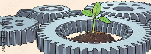 A plant emerges from soil set in the middle of large metal gears in a factory environment. The scene shows nature and industry together.