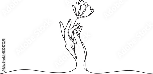 Hand with flower line art vector. Beauty salon logo. Cosmetics natural. one line Icon drawing