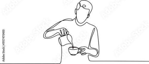 Coffee barista line drawing. minimalist line art of man doing coffee. one line Icon drawing