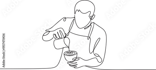 Coffee barista line drawing. minimalist line art of man doing coffee. one line Icon drawing