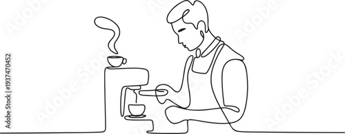 Coffee barista line drawing. minimalist line art of man doing coffee. one line Icon drawing
