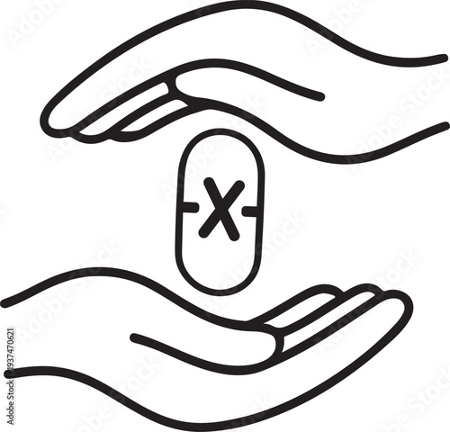 Hands Protecting Pill with X Mark,No Medicine Icon, Hands Protecting Pill with Cross Symbol Medical Warning Illustration
