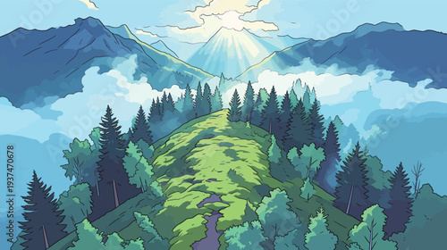 Sunlight spreads across green hills and tall trees while mountains rise in the background under a clear sky.