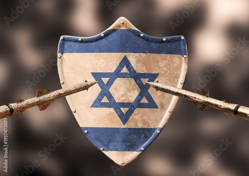 Shield with Israeli flag defending against missile attack. Military defense and national security concept