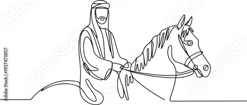 Arab man with araian horses vector line art. Arabian man wit traditional clothes riding his horse line drawing. one line Icon drawing