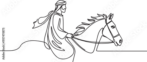 Arab man with araian horses vector line art. Arabian man wit traditional clothes riding his horse line drawing. one line Icon drawing