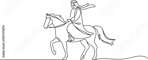 Arab man with araian horses vector line art. Arabian man wit traditional clothes riding his horse line drawing. one line Icon drawing