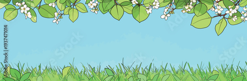 Green grass and white flowers are visible under a clear blue sky with leaves framing the top. The scene captures a vibrant spring day.
