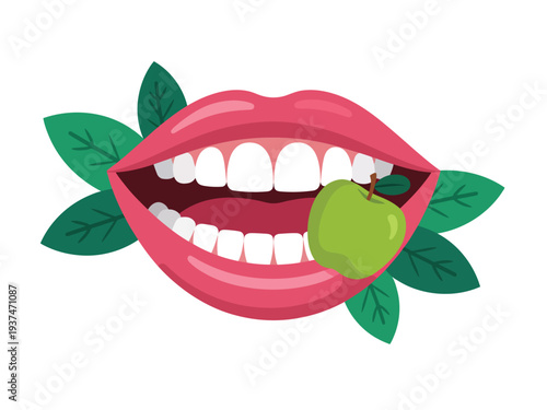 Smiling Lips with Green Apple and Leaves Illustration