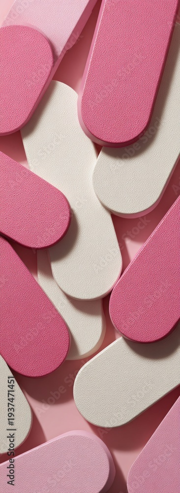 Fototapeta premium Abstract close-up of pink and white oblong shapes overlapping on a pink background