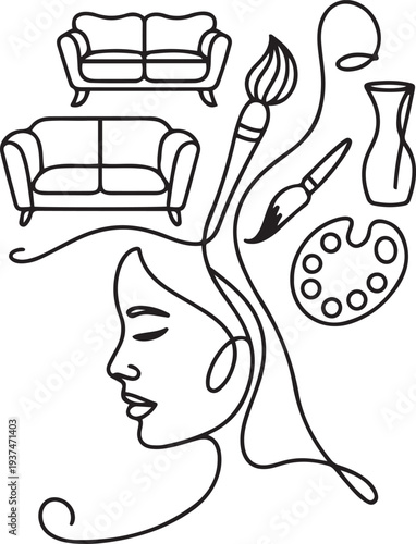 Interior designer minimal logo. Line art woman with interior objects flying out of her head. Sofa, armchair, paint, brush, vase. one line Icon drawing