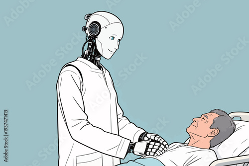 A robot stands beside an elderly person lying in a hospital bed. The robot holds the person's hand and looks friendly.