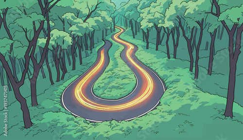 A road curves gently through a dense forest. Bright lines on the asphalt show the path. Trees surround the area under an evening sky.