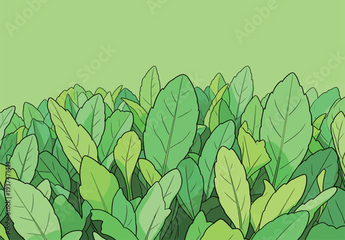 In a vibrant setting, various green leaves grow closely together under bright light. The scene shows nature's growth and abundance.