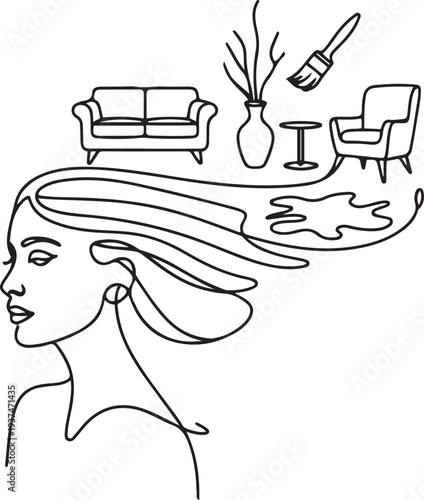 Interior designer minimal logo. Line art woman with interior objects flying out of her head. Sofa, armchair, paint, brush, vase. one line Icon drawing