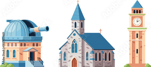 Observatory Telescope Building, Church Cathedral and Clock Tower Architecture Illustration Set, Historic Landmark Buildings Vector Collection for City Design