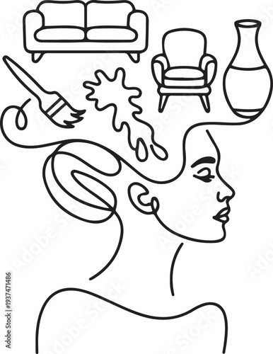 Interior designer minimal logo. Line art woman with interior objects flying out of her head. Sofa, armchair, paint, brush, vase. one line Icon drawing