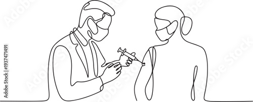 Astract doctor make injection to patient in medical mask. Covid-19 or coronavirus vaccine. Hand with Injection Symbol continuous line drawing. one line Icon drawing