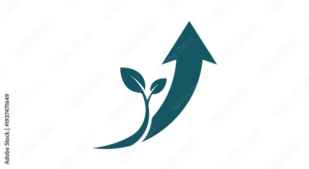 Obraz premium Teal graphic illustration of a growing plant with an upward arrow on a white background.