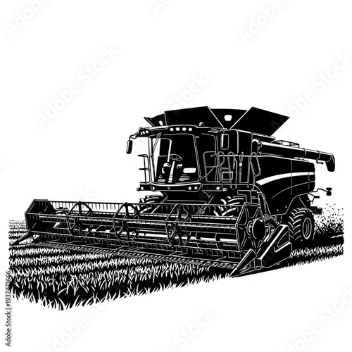 Combine Harvester Sideview in Field Illustration with Crops, BlackandWhite Sketch