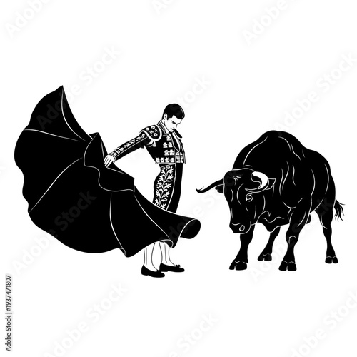Matador with Flowing Cape and Tension Facing Bull in Black‑White Illustration, Front View