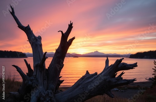 Driftwood rests on grassy overlooking Skagit Bay at sunrise. Sky is painted with vibrant orange and pink hues reflecting on calm water. Mountains form distant silhouette against colorful dawn.