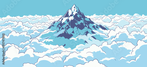 A mountain is seen towering above fluffy clouds under a clear blue sky in bright daylight. Snow covers its sharp peaks.