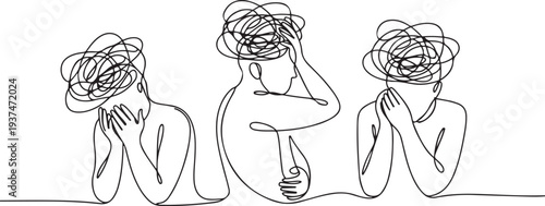 Continuous one-line art anxiety drawing art of stress confusing people because any problem. one line Icon drawing