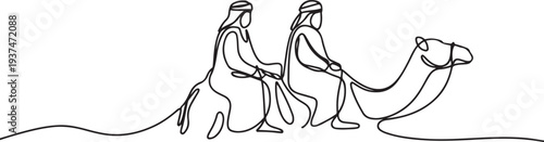 Arab men riding camels line drawing. Continuous one line art. Vector illustration. one line Icon drawing