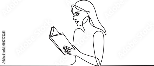 One line woman reading a book. Line Art Girl read book. Creative simple elegant minimalist illustration. one line Icon drawing