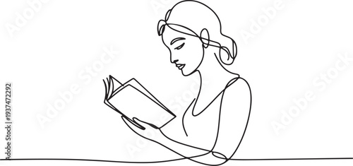 One line woman reading a book. Line Art Girl read book. Creative simple elegant minimalist illustration. one line Icon drawing