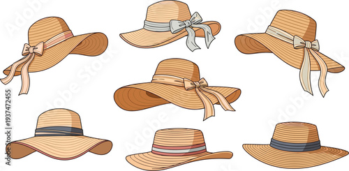 Straw Summer Hat Collection Illustration with Ribbon Bows, Elegant Sun Hats and Beach Fashion Accessories Vector Set for Women