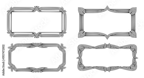 set of 4 vintage decorative frames, classic ornamental borders, black and white outline vector, minimal elegant design, uniform stroke, isolated on white background