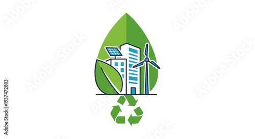 Eco friendly cityscape logo illustration featuring buildings wind turbine solar panels