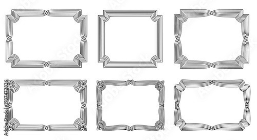 set of 4 vintage decorative frames, classic ornamental borders, black and white outline vector, minimal elegant design, uniform stroke, isolated on white background