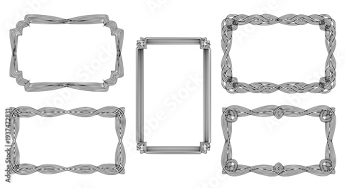 set of 4 vintage decorative frames, classic ornamental borders, black and white outline vector, minimal elegant design, uniform stroke, isolated on white background