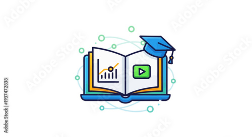 Educational concept laptop with charts video and graduation cap icon