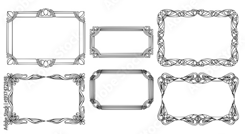 set of 4 vintage decorative frames, classic ornamental borders, black and white outline vector, minimal elegant design, uniform stroke, isolated on white background